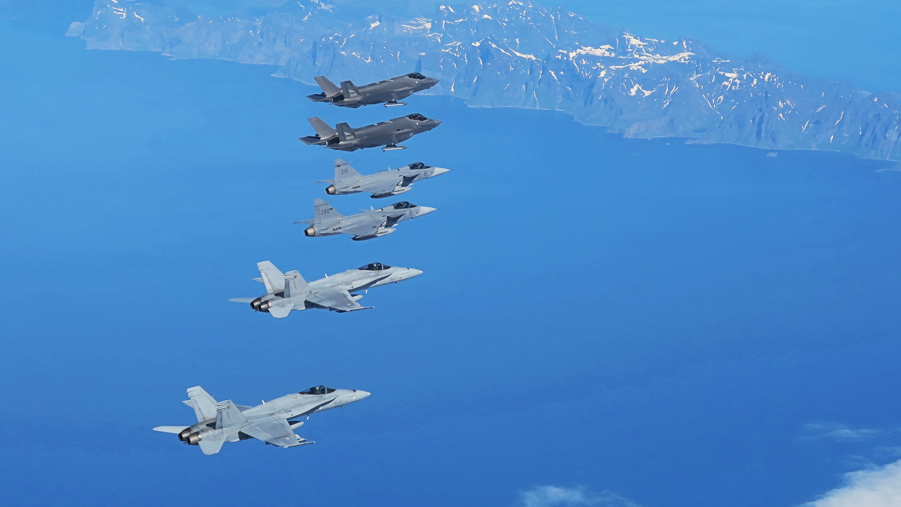 Two Finnish F/A-18 Hornets, two Swedish JAS 39 Gripens and two Norwegian F-35As.